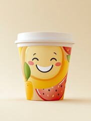 an image of an empty paper cup product packaging with a smiling fruit character. there is a white lid on top of the packaging. on a bright cream background.
