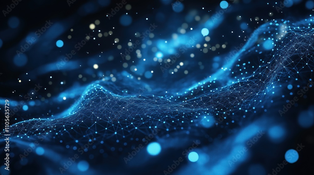 Poster abstract tech background displays futuristic particle mesh. dynamic blue lines, points form wavy pat