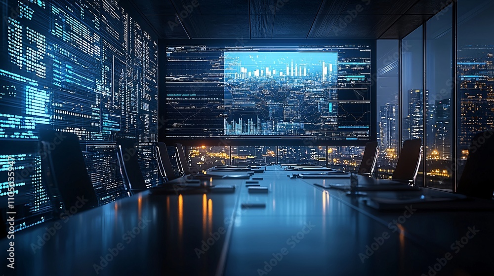 Poster a corporate boardroom with blockchain visuals projected onto a large screen stock photo with side co