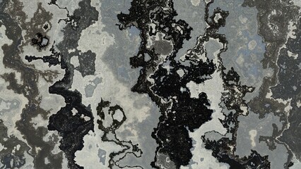 A textured abstract pattern with organic black and grey forms resembling eroded stone or weathered metal, creating a natural, rugged appearance with fluid, intricate lines and contrasts.