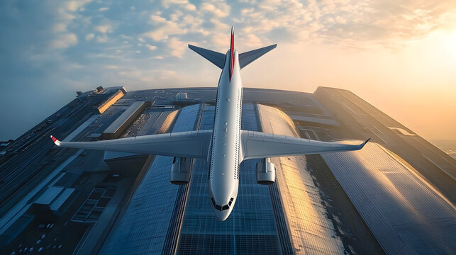 Commercial airplane flying over modern building - Powered by Adobe