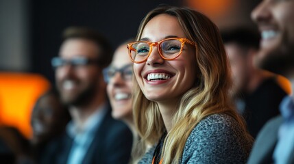 Smiling woman in audience at conference, surrounded by laughing colleagues.