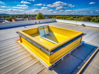 Aerial View of Rooftop Access Hatch with Skylight on Spray Foam Roof Featuring Bright Yellow Walking Path for Maintenance and Safety Access