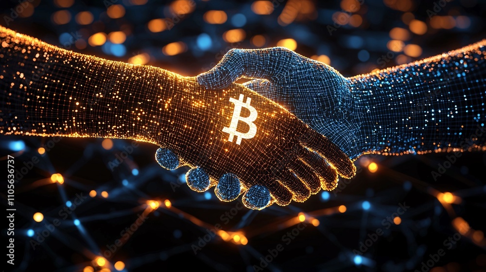 Poster A global business network demonstrating blockchain-powered smart contracts Stock Photo with side copy space