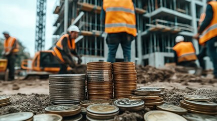 Stacks of coins on a construction site with workers in safety vests and helmets in the background near a building structure.