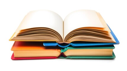 A stack of colorful books with blank pages on a white background, in a flat lay