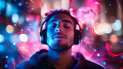 Young man listening to music with headphones relaxed AI generated illustration
