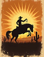 Silhouette of Cowboy Riding Horse in Desert at Sunset
