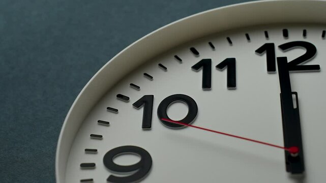 White clock shows midnight or noon time, close-up