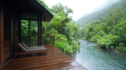 Relaxing retreat tropical jungle lodge with scenic river views nature paradise eco-friendly design tranquil environment breathtaking perspective for ultimate relaxation