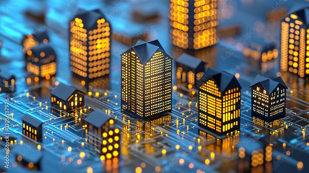 Poster A concept of blockchain for property transactions with visualized smart contracts Stock Photo with side copy space