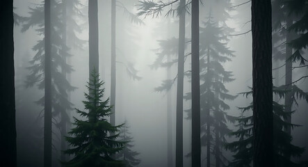 Obraz premium Mystical misty forest with fir trees, vintage retro style, cozy ambiance