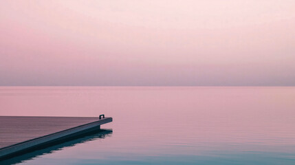 Obraz premium Tranquility envelops the scene as a smooth wooden dock meets the calm, pastel horizon, creating a serene escape in natures embrace at dawn.