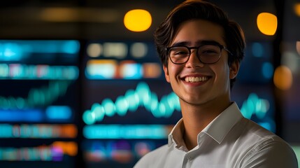 Naklejka premium Young trader smiling confidently in front of a glowi AI generated illustration