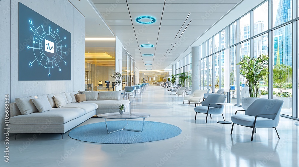 Leinwandbilder A seamless collaboration between blockchain technology and IoT devices in a smart office Stock Photo with side copy space