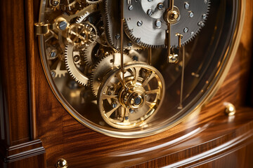 Golden Glow on the Inner Workings of a Timeless Grandfather Clock