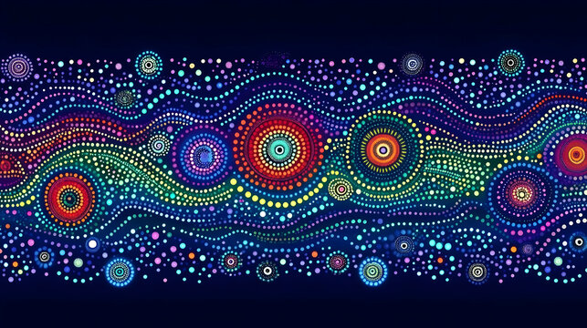 Abstract Dotted Pattern with Wavy Lines and Colorful Circles on Dark Blue Background