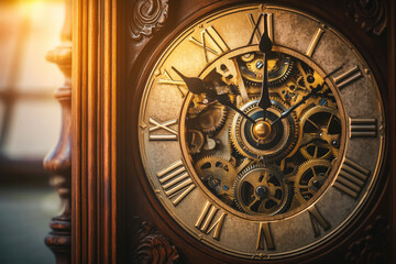 Obraz premium Close-Up of Grandfather Clock Gears and Pendulum