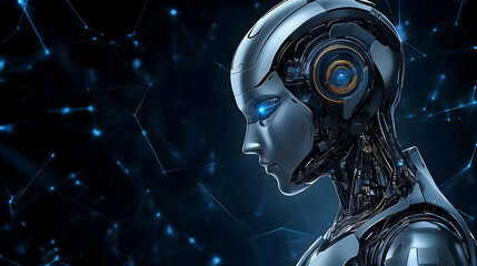 A 3D Rendered Robot Head with a Mechanical Design against a Blue Abstract Background