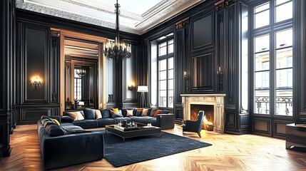 Fototapeta premium Dark and Elegant Living Room with Black Walls and Gold Accents, Featuring a Large Sectional Sofa and a Fireplace