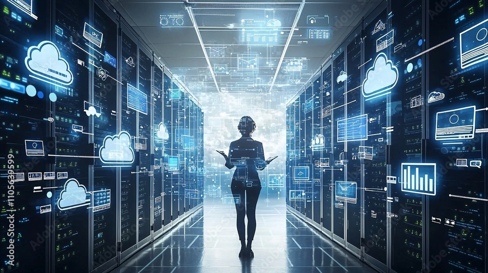 Poster A digital ecosystem of scalable cloud services optimizing business operations Stock Photo with side copy space
