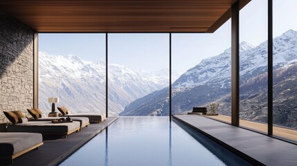 Fototapeta premium Luxurious mountain resort with scenic heated pool overlooking majestic peaks contemporary interior design serene environment inviting perspective relaxation concept