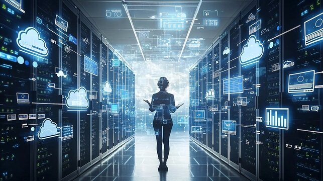 A digital ecosystem of scalable cloud services optimizing business operations Stock Photo with side copy space