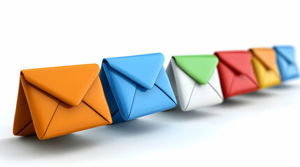 3D Rendered Colorful Envelopes in a Row on a White Background, Representing Communication and Messages