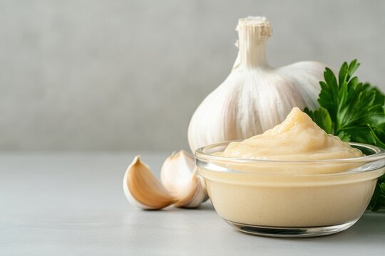 food presentation, clear bowl of garlic sauce on dining table with bright kitchen in background, text space available