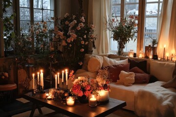 Cozy Winter Room Decorated With Candles And Flowers
