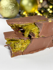 close photo of dubai chocolate on festive background