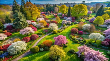 Aerial View of Spring Blooms Nestled in Lush Green Landscape, Capturing the Vibrant Colors and Natural Beauty of a Flourishing Spring Environment