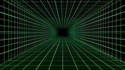 Fototapeta premium Abstract 3D Green Grid Tunnel Background for Futuristic Cyberpunk Designs