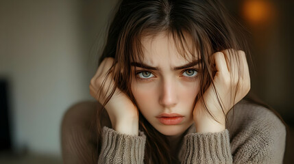 Fototapeta premium A Close-Up Portrait of a Woman with Brown Hair and Green Eyes, Looking Intensely at the Camera with Her Hands Holding Her Face in a Thoughtful Pose