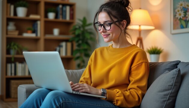 Young woman sits on couch using laptop. Cozy home office setting. Woman wears glasses, yellow sweater. Smiling. Sunlight streams into room. Remote work. Casual attire. Focus on comfort, productivity.