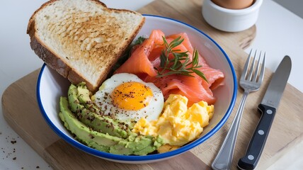 Breakfast Bowl with Fried Egg, Fresh Avocado, and Smoked Salmon