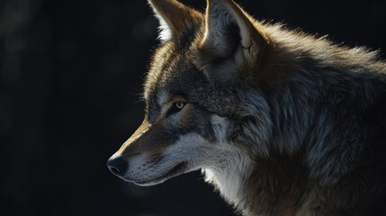 Fototapeta premium Captivating Close-Up of a Majestic Wolf in Nature, Showcasing Its Intense Gaze and Beautiful Fur Under Natural Light in a Dark Environment