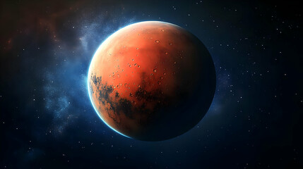 Obraz premium A Detailed 3D Illustration of the Red Planet Mars, Showing Its Surface Features and Cratered Landscape, Set Against a Starry Background, with a Glowing Halo Effect Around Its Edges.