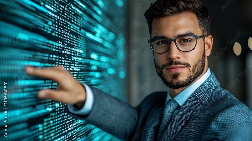 Poster A business leader presenting the benefits of cloud scalability using a digital display Stock Photo with side copy space