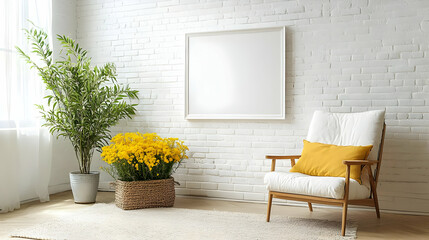 White Brick Wall Interior Design with a White Chair and Yellow Flowers