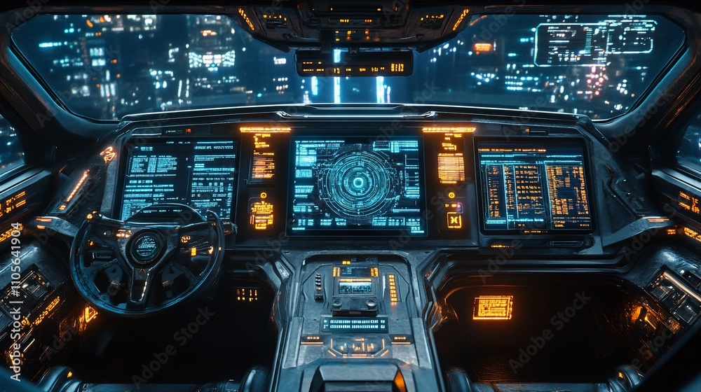 Poster Futuristic vehicle cockpit with glowing digital interface and controls.