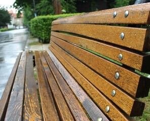 Wet wooden bench in the park, rainy weather. Image