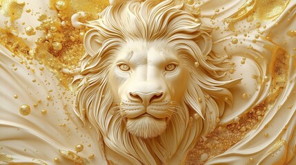 Golden lion head relief on cream wallpaper. Luxurious 3D design. High quality artistic AI generated image. Elegant golden splashes. Wall mural style. Suitable for interior design projects. Great for