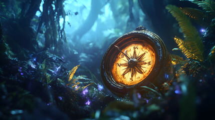 Misjudgment: A glowing, broken compass spinning aimlessly in a mystical forest, where nature meets magic and confusion reigns.