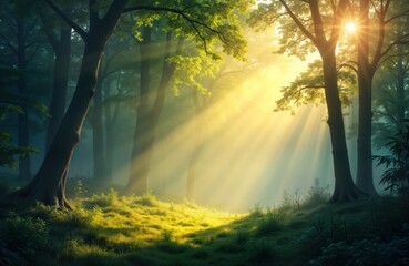 Obraz premium Misty forest awakes to golden morning light. Sunlight beams through rich green trees. Grass glows yellow. Nature scene shows tranquil summer spring morning. Three-dimensional art style creates