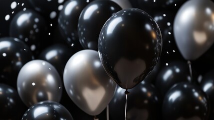 Close up view of black and silver balloons. Stylish balloons bundle for a birthday celebration. Shiny surfaces create a macro effect. Festive mood. Perfect for party decoration. Elegant ambiance.