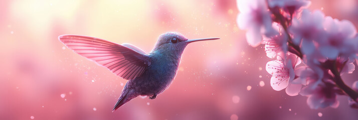hummingbird with iridescent wings hovers near pink blossoms, creating serene and enchanting scene. soft colors and delicate details evoke sense of tranquility and beauty