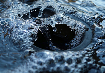 Water and Foam Soap Rushing down Drain. A stream of clean water flows into the stainless steel sink. Sink plug hole close up macro.