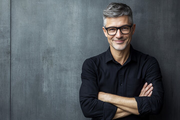 Confident middle-aged professional man in a modern business setting, perfect for corporate profiles, leadership campaigns, executive marketing materials, and professional branding projects