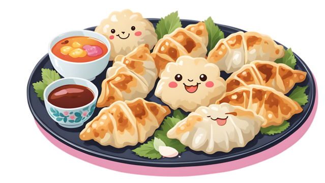 A dark plate holds many small, light-brown dumplings with smiling faces. Dipping sauces are beside them